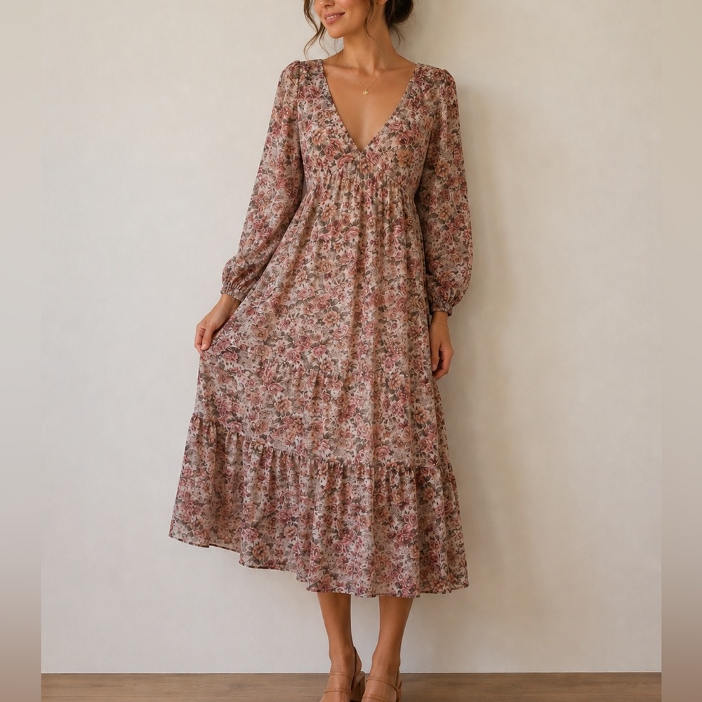 Floral Tiered Midi Dress in Blush and Cream